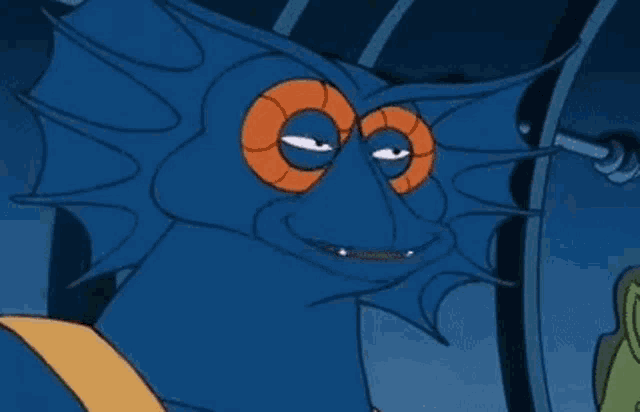 a blue cartoon character with orange eyes looks tired