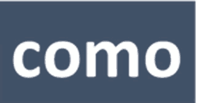 a blue background with the word como in white letters