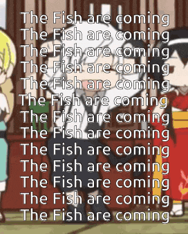 a cartoon of a man standing in front of a fence with the words the fish are coming