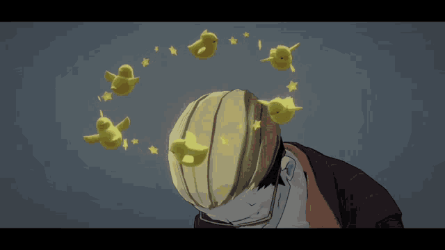 a man with yellow birds flying around his head and stars