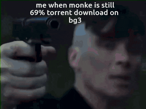 a man in a suit and tie salutes with the words me when monke is still 69% torrent download on bg3