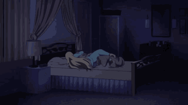 a girl is laying on a bed with a canopy