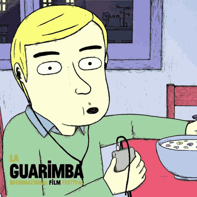 a cartoon of a man sitting at a table with a bowl of cereal and the words guarimba on the bottom