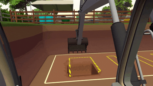 an excavator is digging a hole in the ground with a yellow and black warning sign
