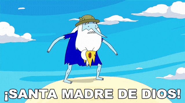 a santa madre de dios poster with a cartoon character on a beach