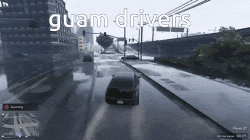 a video game screen shows a car driving down a street and the words " guam drivers " on the bottom