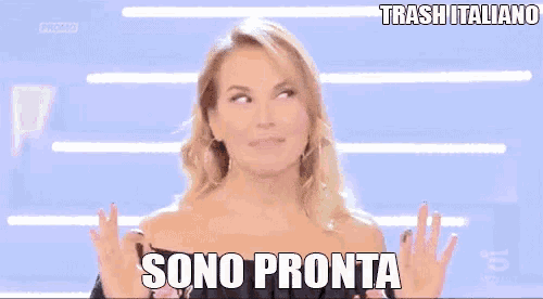 a woman with her hands in the air and the words per il caffeuccio