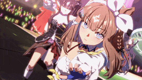 a group of anime girls are posing for a picture and one of them has a bow on her head