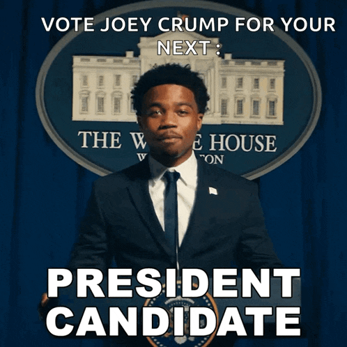 a man in a suit and tie stands in front of a sign that says president candidate