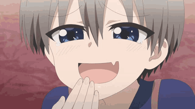 a cartoon character with gray hair and blue eyes making a face