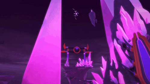 a video game scene with a purple pyramid in the middle
