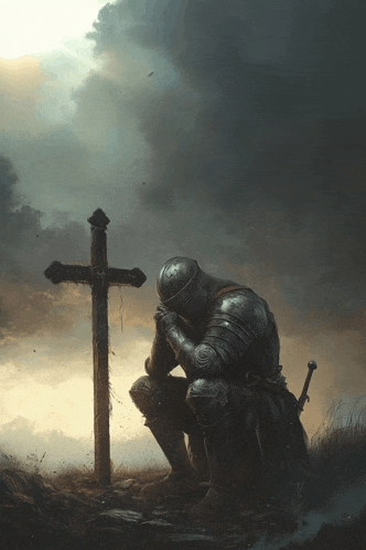 a knight kneeling in front of a cross with a sword