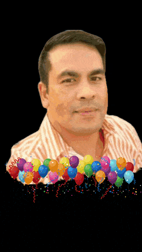 a man in a striped shirt is surrounded by balloons and confetti with the words " you all " below him