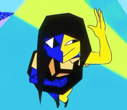 a cartoon character with a blue and yellow face and a yellow arm is waving .