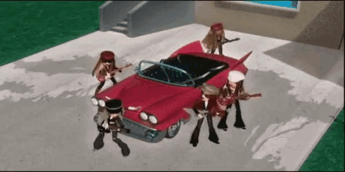 a group of dolls standing around a red car