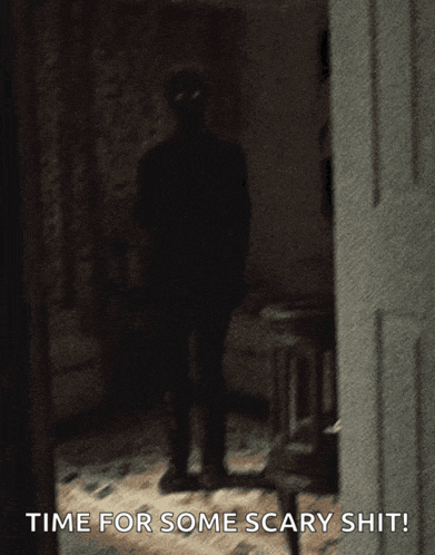 a silhouette of a person in a dark room with the words time for some scary shit below it