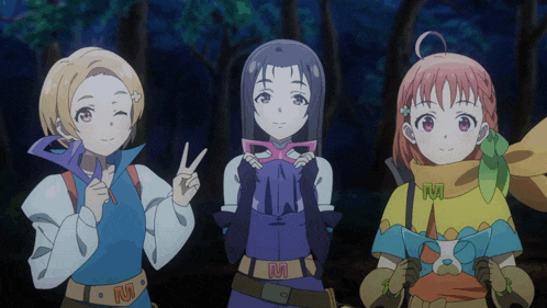 three anime characters are standing next to each other and one of them has the letter i on her belt