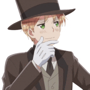 a man wearing a top hat and gloves has the number 6 on his chest