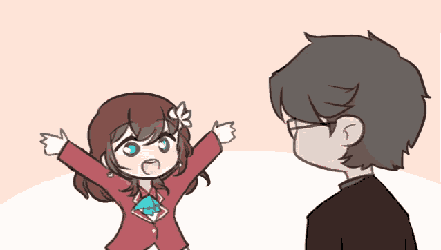 a man and a girl are standing next to each other and the girl is pointing at the man