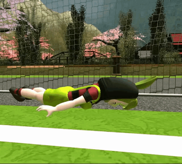 a cartoon character is laying on his back on a green field