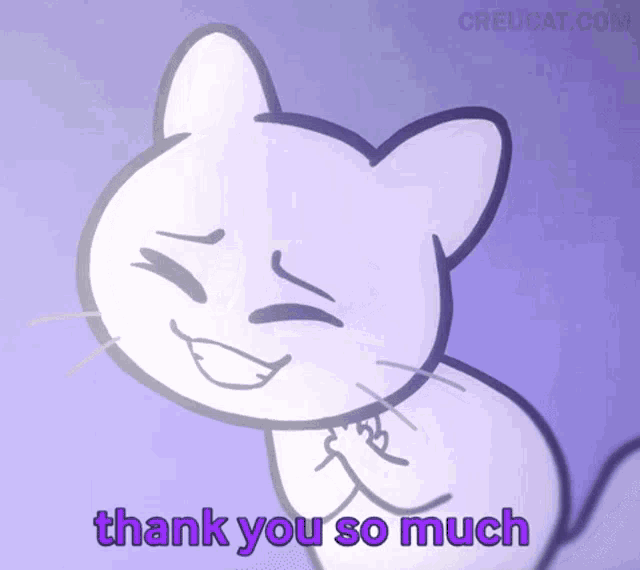 a cartoon cat says thank you so much in purple letters