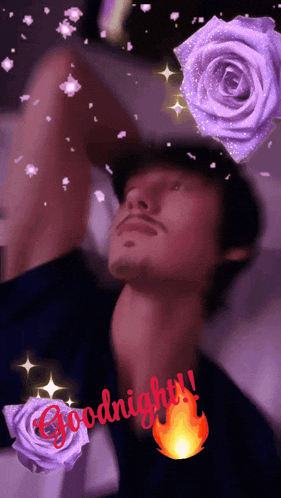 a picture of a man with purple roses and the word goodnight