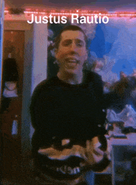a man is dancing in a room with the name justus rautio written on the bottom