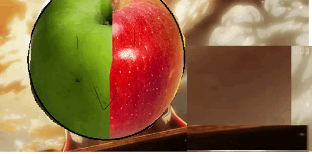 a green apple is next to a red apple with a arrow pointing to it