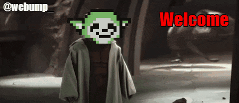 a pixelated image of yoda says welcome in red