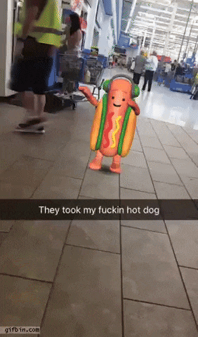 a snapchat of a hot dog with the words they took my fuckin hot dog