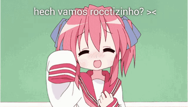 a cartoon girl with pink hair and the words hech vamos roctzinho