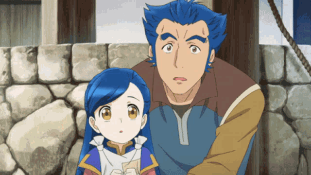 a man with blue hair stands next to a little girl