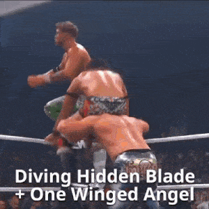 two men are wrestling in a ring with the words diving hidden blade + one winged angel