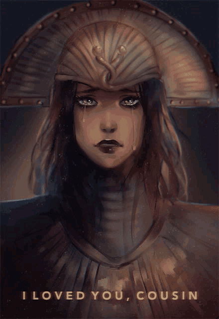 a painting of a woman with the words " i loved you cousin " below her