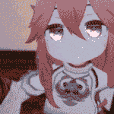 a pixel art of a girl with pink hair holding a teddy bear .