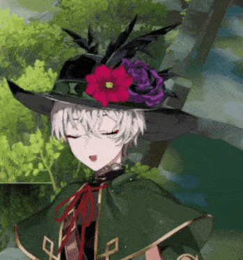 a cartoon character wearing a green cape and a hat with a flower on it