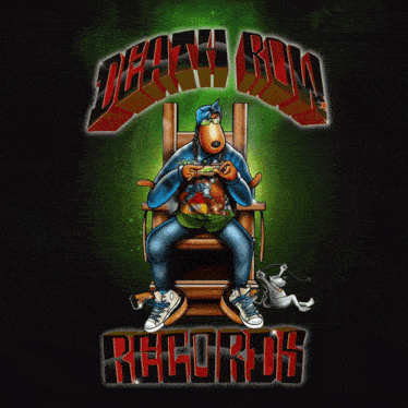 a poster for death row records features a cartoon character sitting in a chair