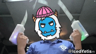 a cartoon of a yeti wearing a pink hat is holding two knives