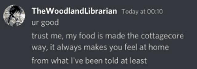 a screenshot of a discord conversation between the woodlandlibrarian and another person