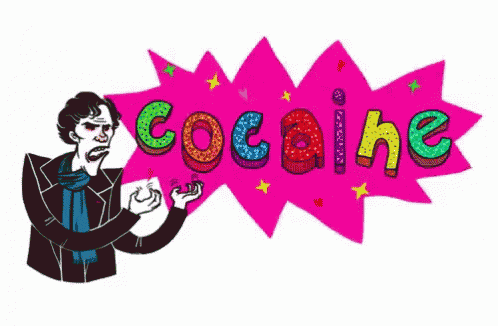 a cartoon of sherlock holmes with the word cocaine written on a blue background