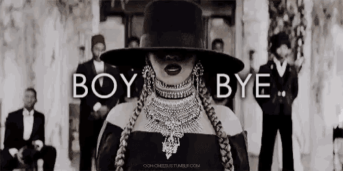 a woman in a black hat stands in front of a group of men with the words boy bye written on the bottom