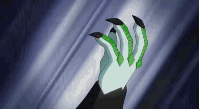 a cartoon character 's hand with green and black nails