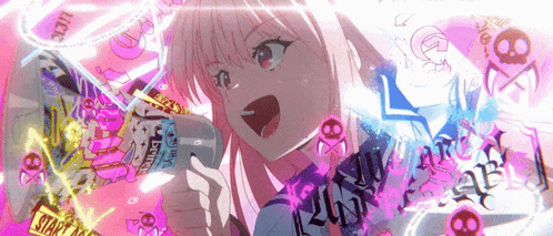a girl with pink hair is holding a microphone and surrounded by skulls .