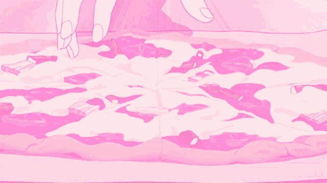 a pink and white drawing of a pizza with a person 's hands on it