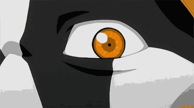 a close up of a cartoon character 's eye with a clock face in it