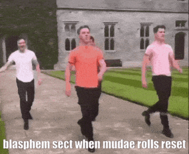 three men are dancing in front of a building with the words blasphem sect when mudae rolls reset on the bottom