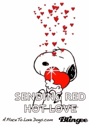 a picture of snoopy holding a red heart with hearts coming out of it .