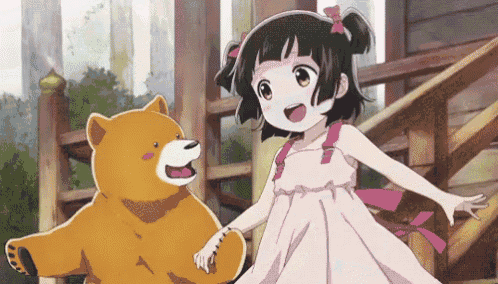 a little girl in a pink dress is holding a brown teddy bear .