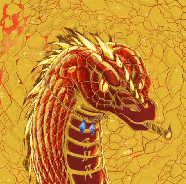 a painting of a dragon with a necklace around its neck