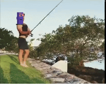 a man is fishing with a minecraft head on his head